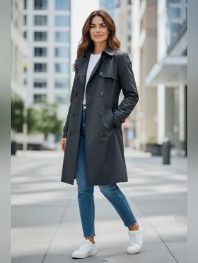 Reitmans Womans 3/4 Length Rain Coat In Black In Large